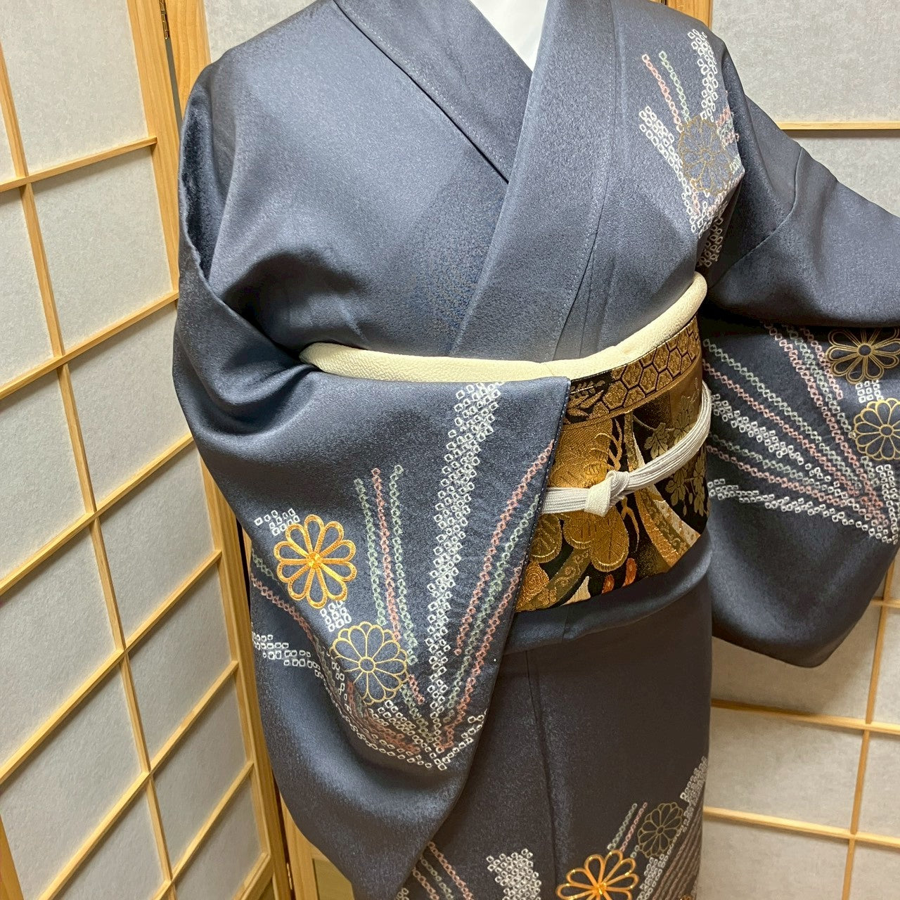6438# Japanese Kimono Vintage Womens Silk Fabric Robe Kimono only sold Shibori