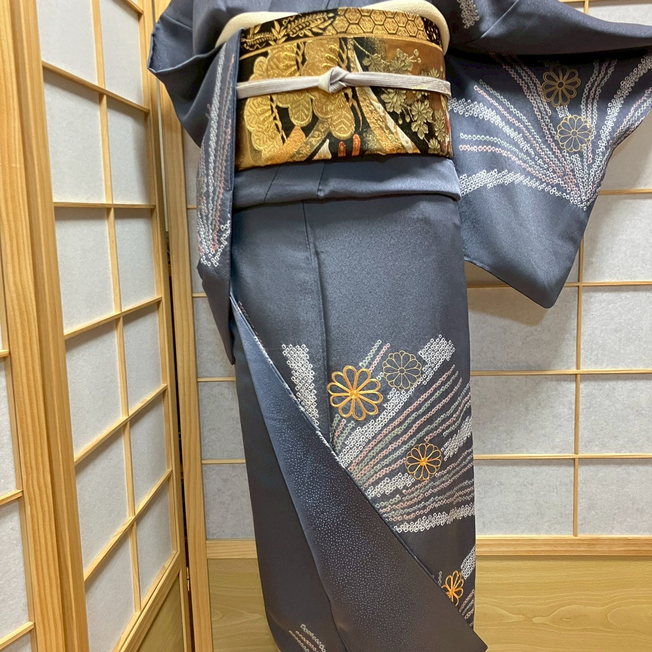 6438# Japanese Kimono Vintage Womens Silk Fabric Robe Kimono only sold Shibori