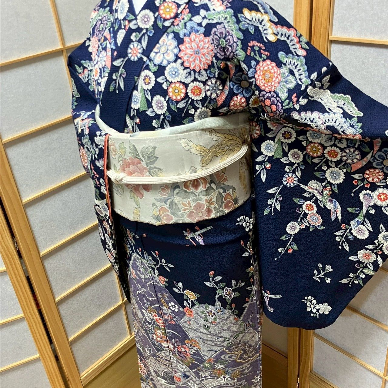 6441# Japanese Kimono Vintage Womens Silk Fabric Robe Kimono only sold Navy blue