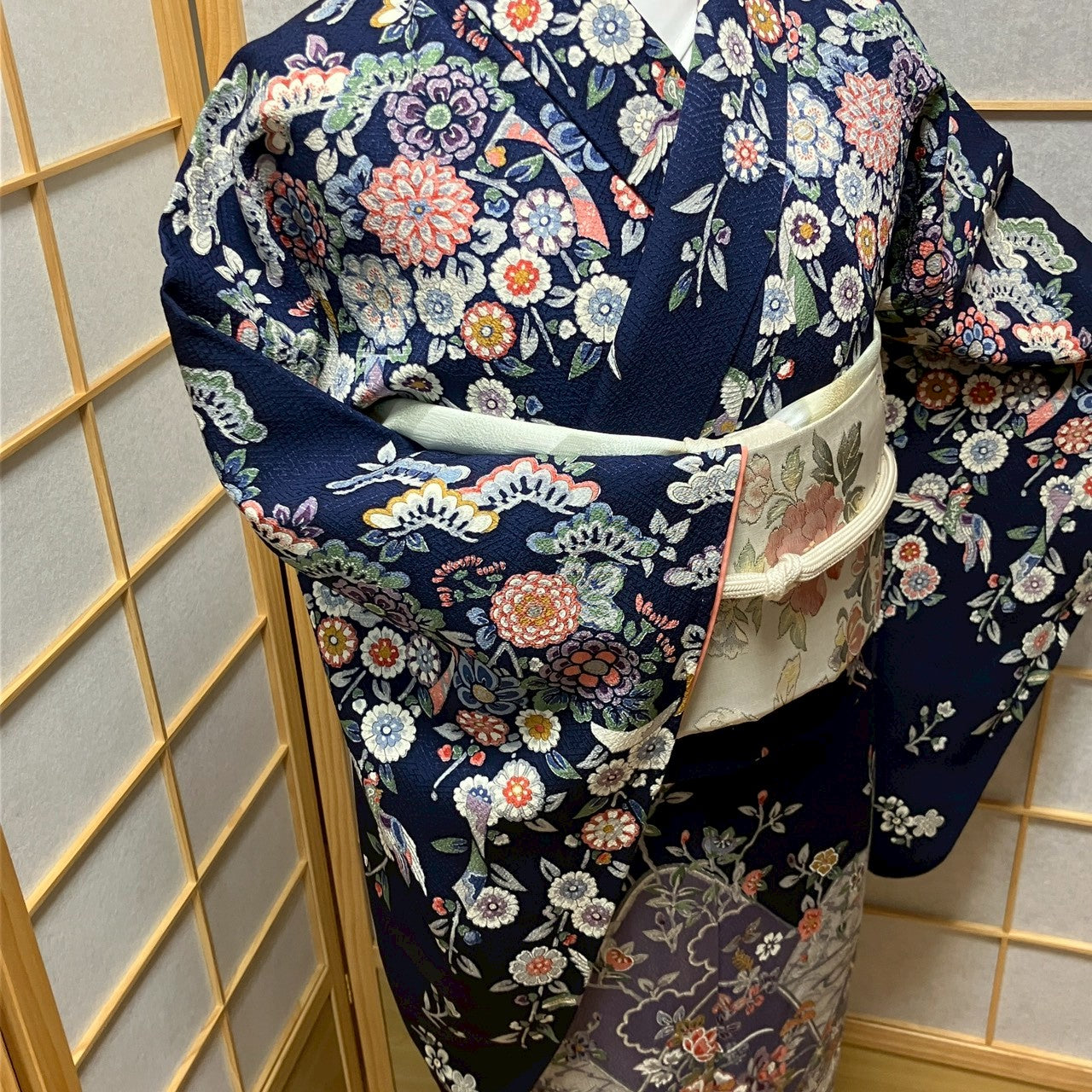 6441# Japanese Kimono Vintage Womens Silk Fabric Robe Kimono only sold Navy blue