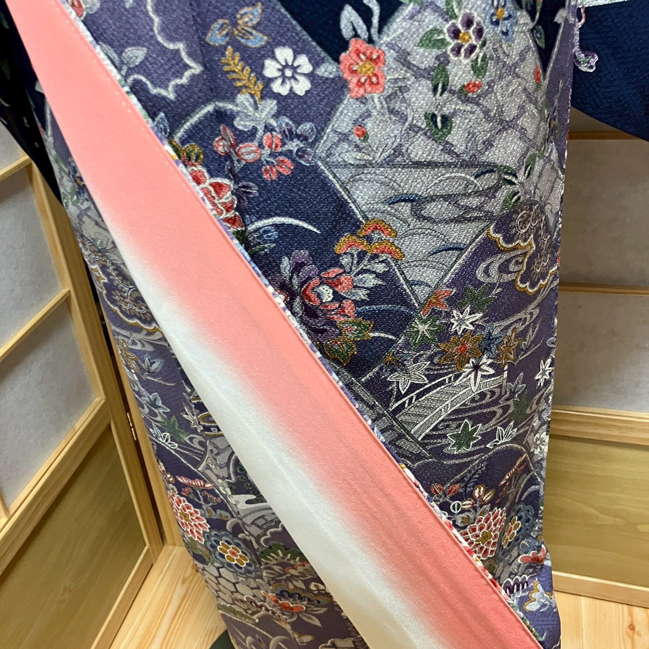 6441# Japanese Kimono Vintage Womens Silk Fabric Robe Kimono only sold Navy blue