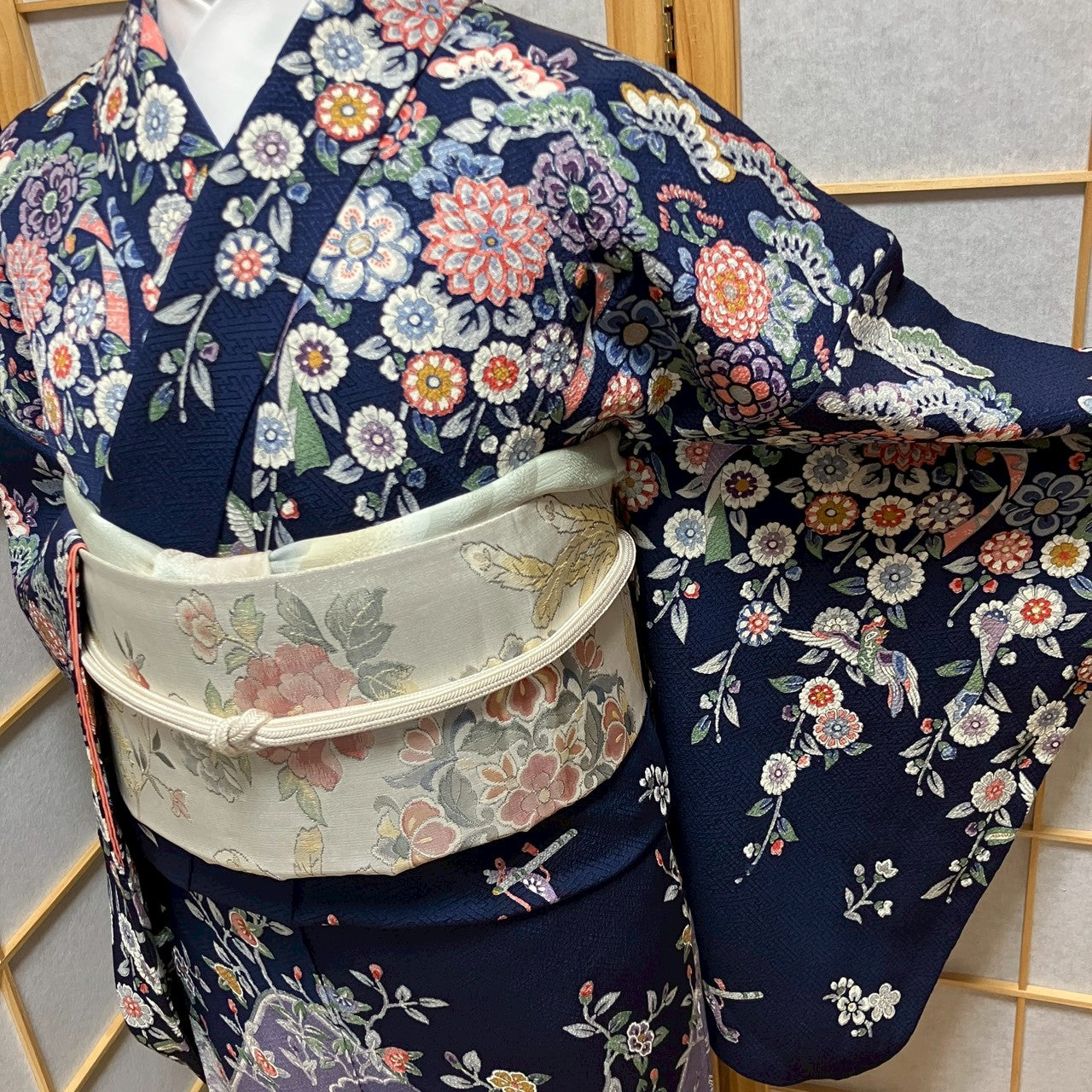 6441# Japanese Kimono Vintage Womens Silk Fabric Robe Kimono only sold Navy blue