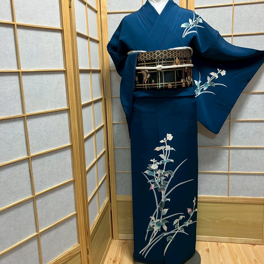 7107# Japanese Kimono Vintage Womens Silk Fabric Robe Kimono only sold Blue