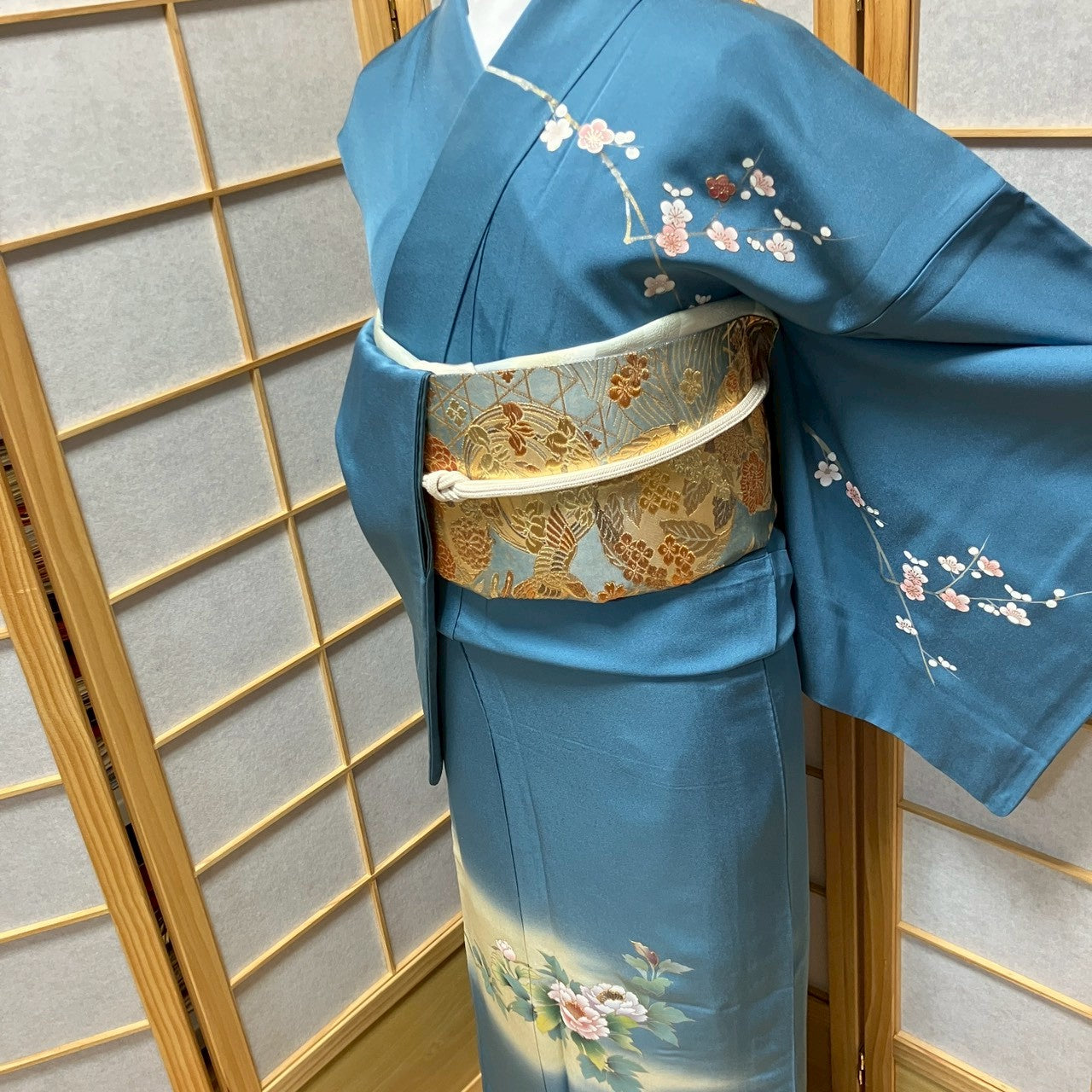 7106# Japanese Kimono Vintage Womens Silk Fabric Robe Kimono only sold Blue