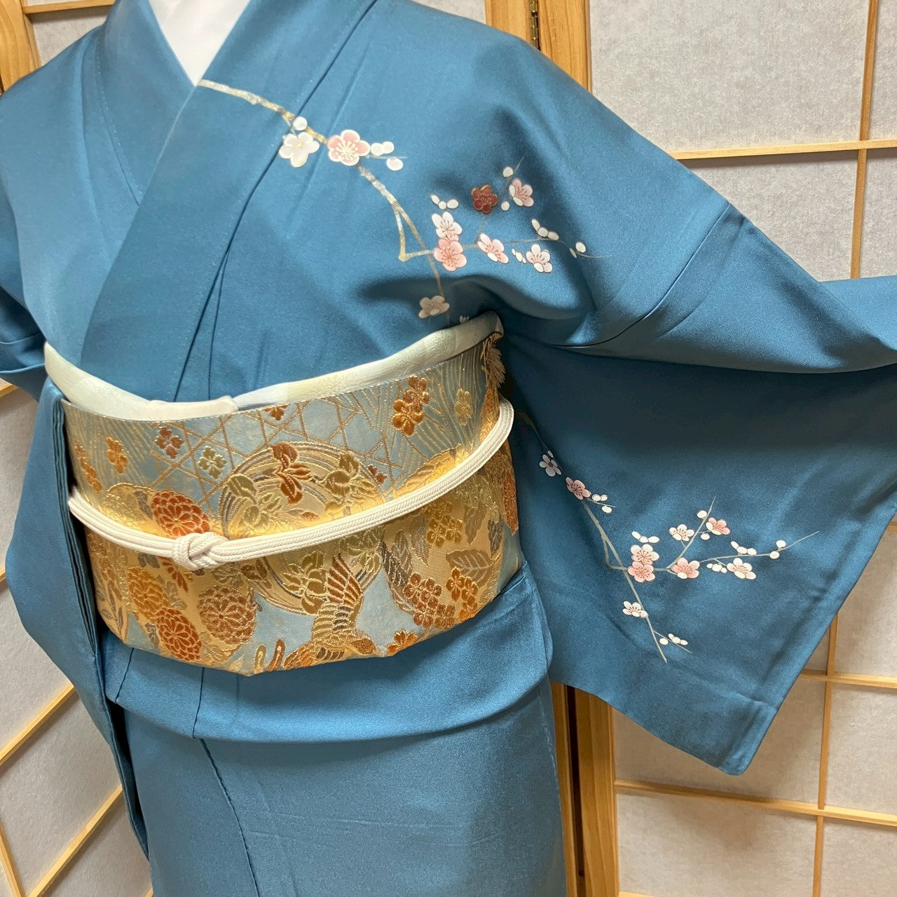 7106# Japanese Kimono Vintage Womens Silk Fabric Robe Kimono only sold Blue