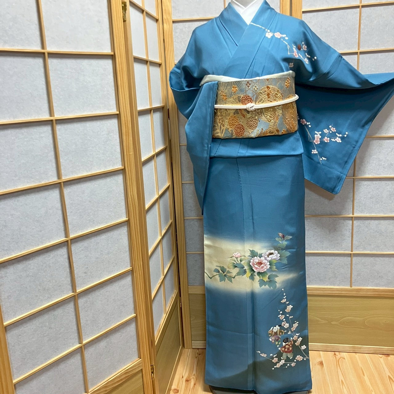 7106# Japanese Kimono Vintage Womens Silk Fabric Robe Kimono only sold Blue