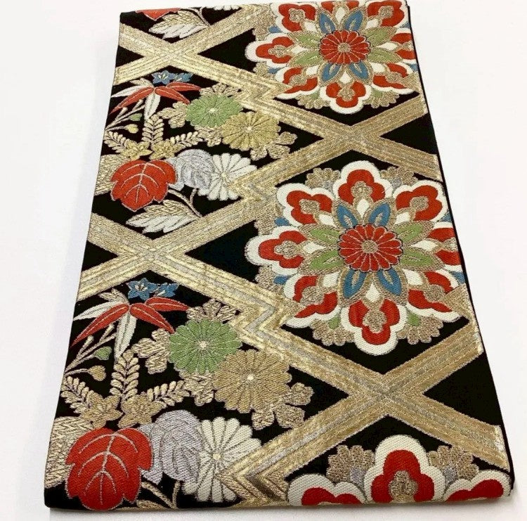 7109# Japanese Vintage Furisode Kimono Obi Obijime Obiage 4-Piece Set Silk Robe