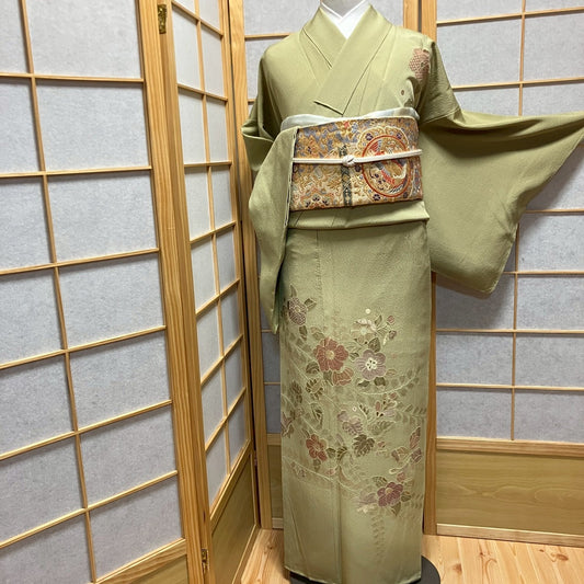6753# Japanese Kimono Vintage Womens Silk Fabric Robe Kimono only sold Green