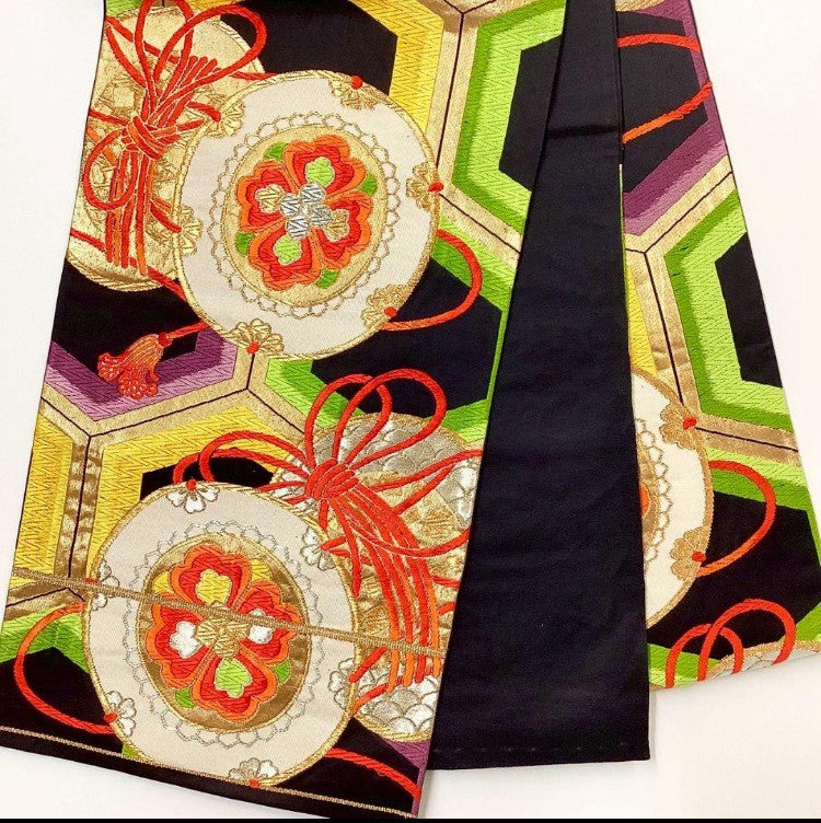 6781# Japanese Vintage Furisode Kimono Obi Obijime Obiage 4-Piece Set Silk Robe