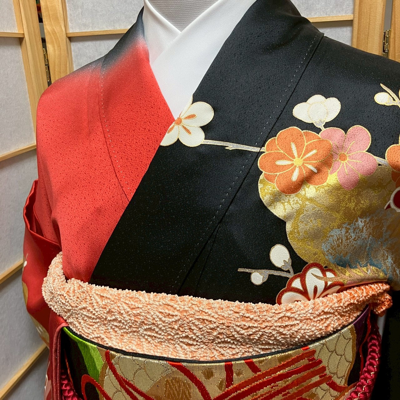 6781# Japanese Vintage Furisode Kimono Obi Obijime Obiage 4-Piece Set Silk Robe