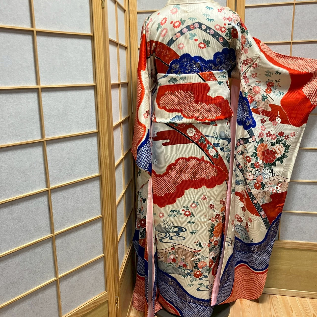 6782# Japanese Vintage Furisode Kimono Obi Obijime Obiage 4-Piece Set Silk Robe