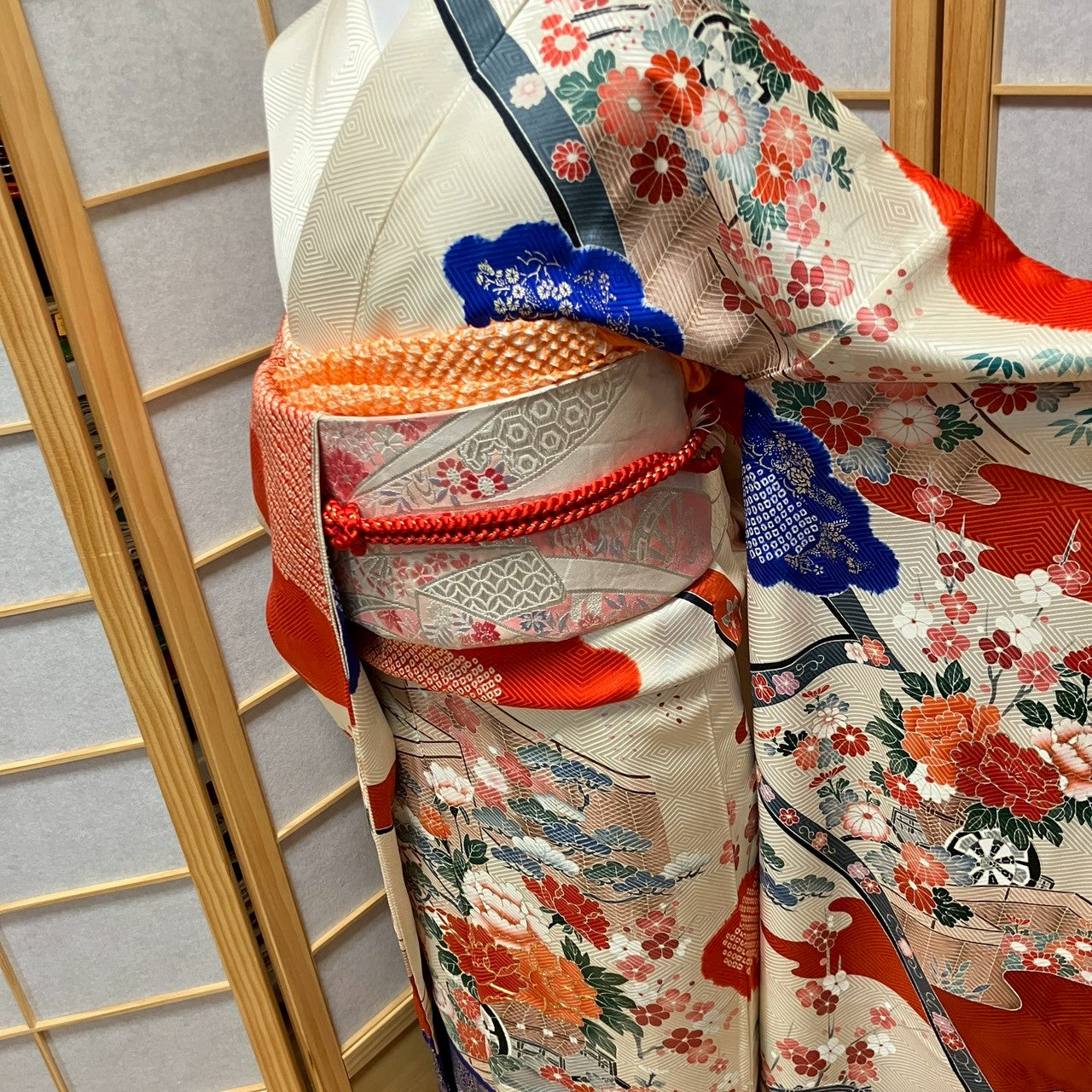 6782# Japanese Vintage Furisode Kimono Obi Obijime Obiage 4-Piece Set Silk Robe