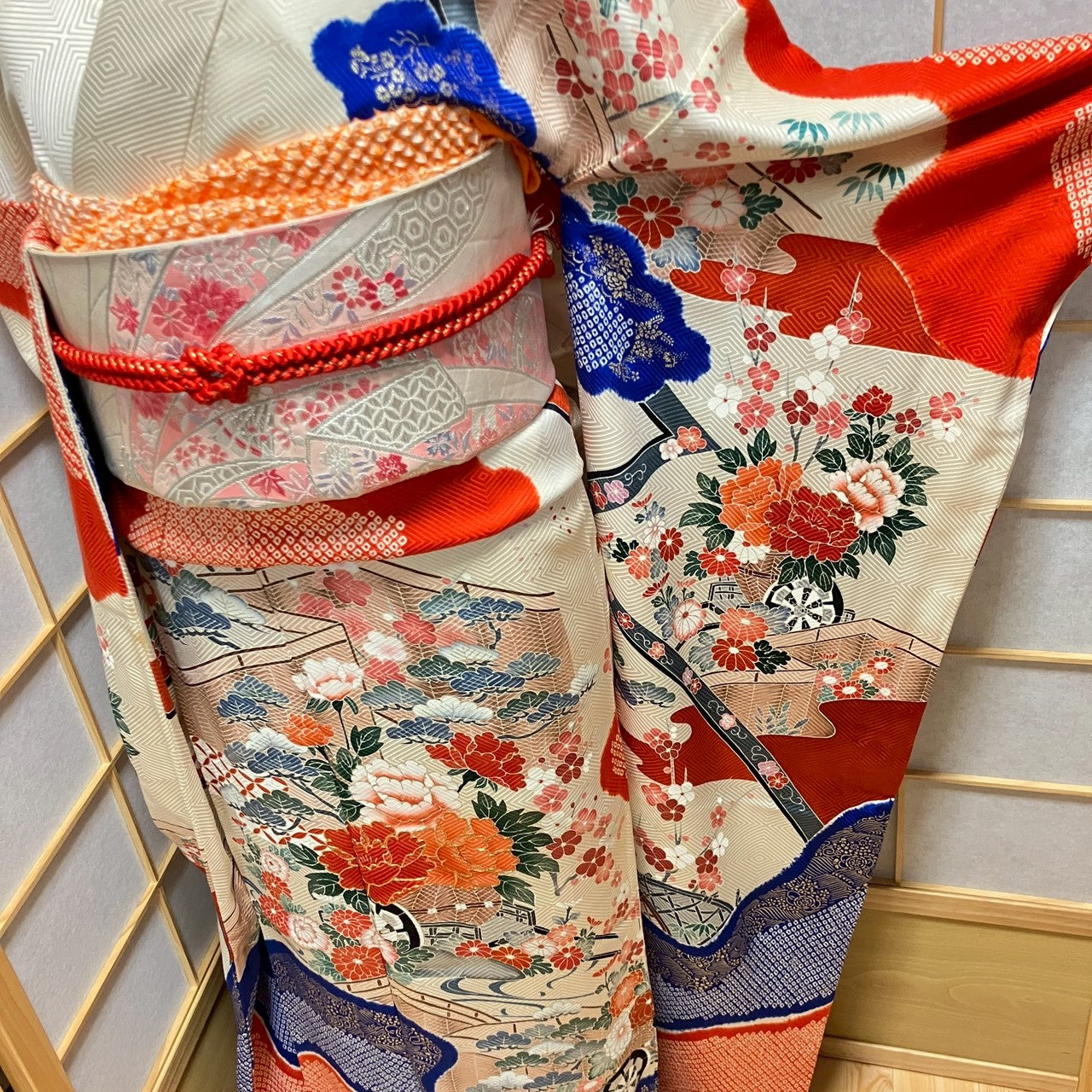 6782# Japanese Vintage Furisode Kimono Obi Obijime Obiage 4-Piece Set Silk Robe