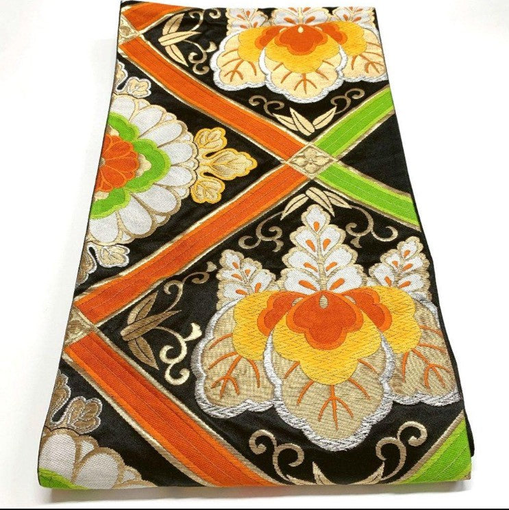 6783# Japanese Vintage Furisode Kimono Obi Obijime Obiage 4-Piece Set Silk Robe