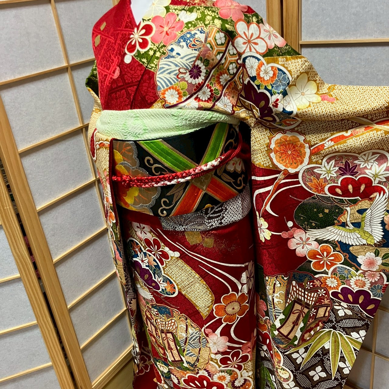 6783# Japanese Vintage Furisode Kimono Obi Obijime Obiage 4-Piece Set Silk Robe