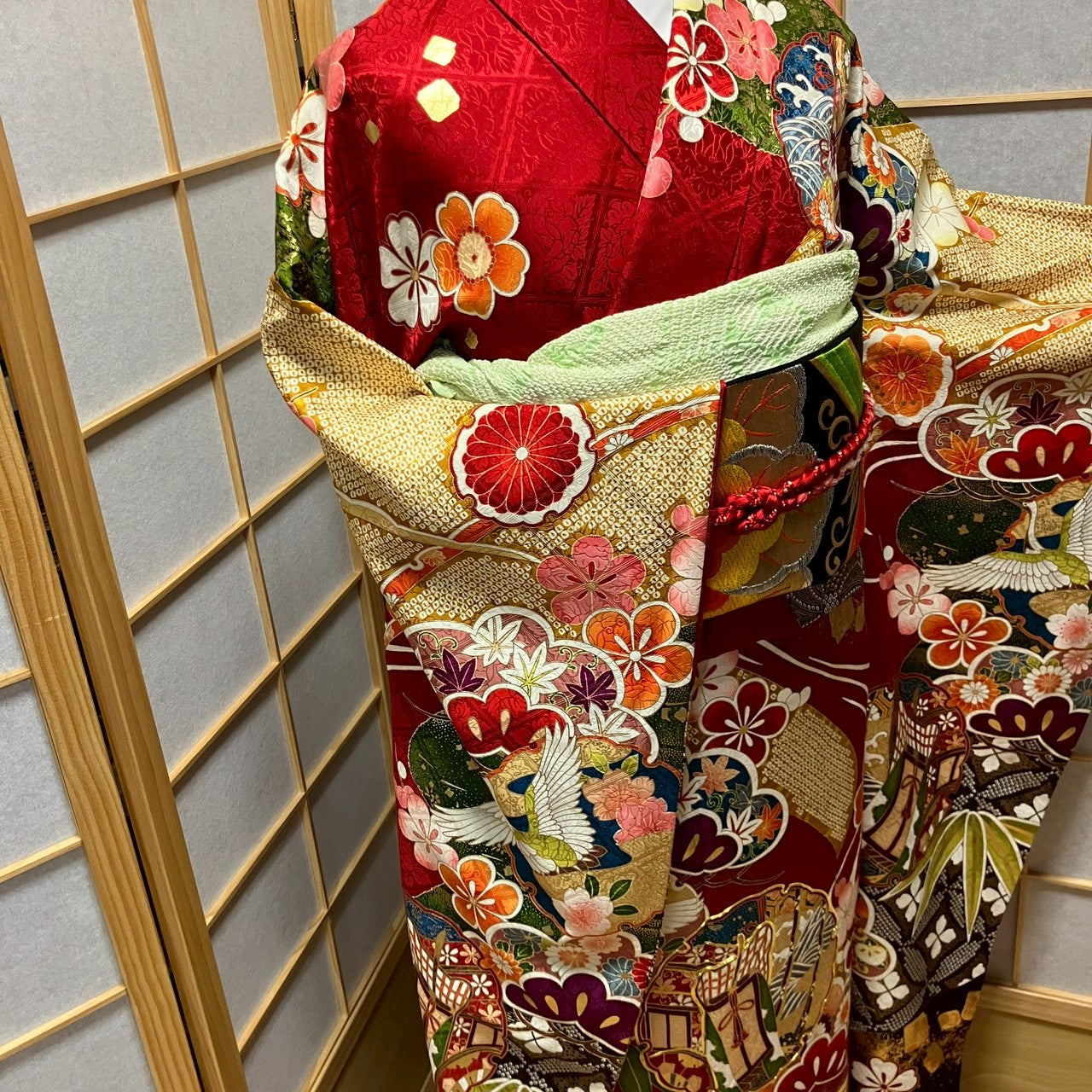 6783# Japanese Vintage Furisode Kimono Obi Obijime Obiage 4-Piece Set Silk Robe