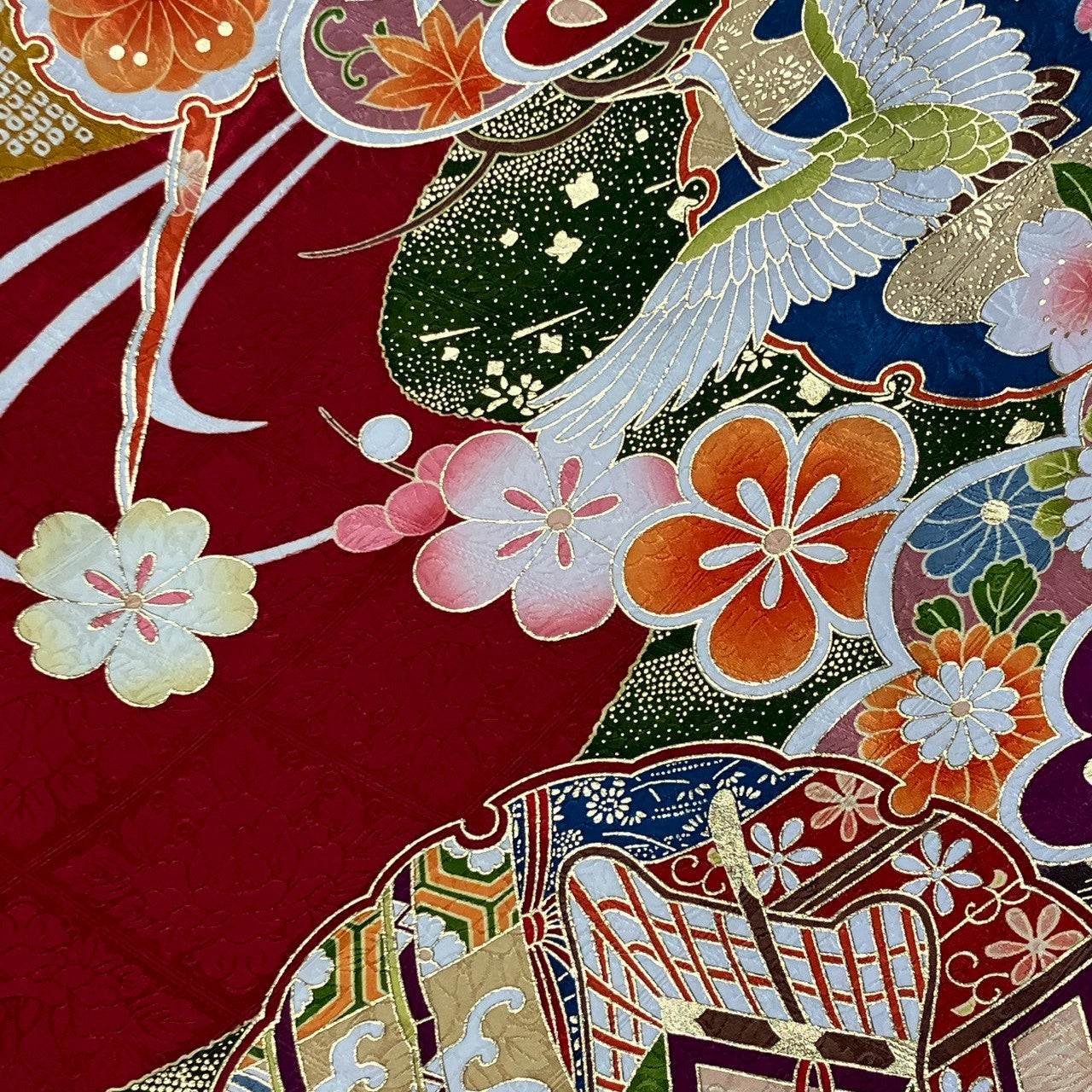 6783# Japanese Vintage Furisode Kimono Obi Obijime Obiage 4-Piece Set Silk Robe