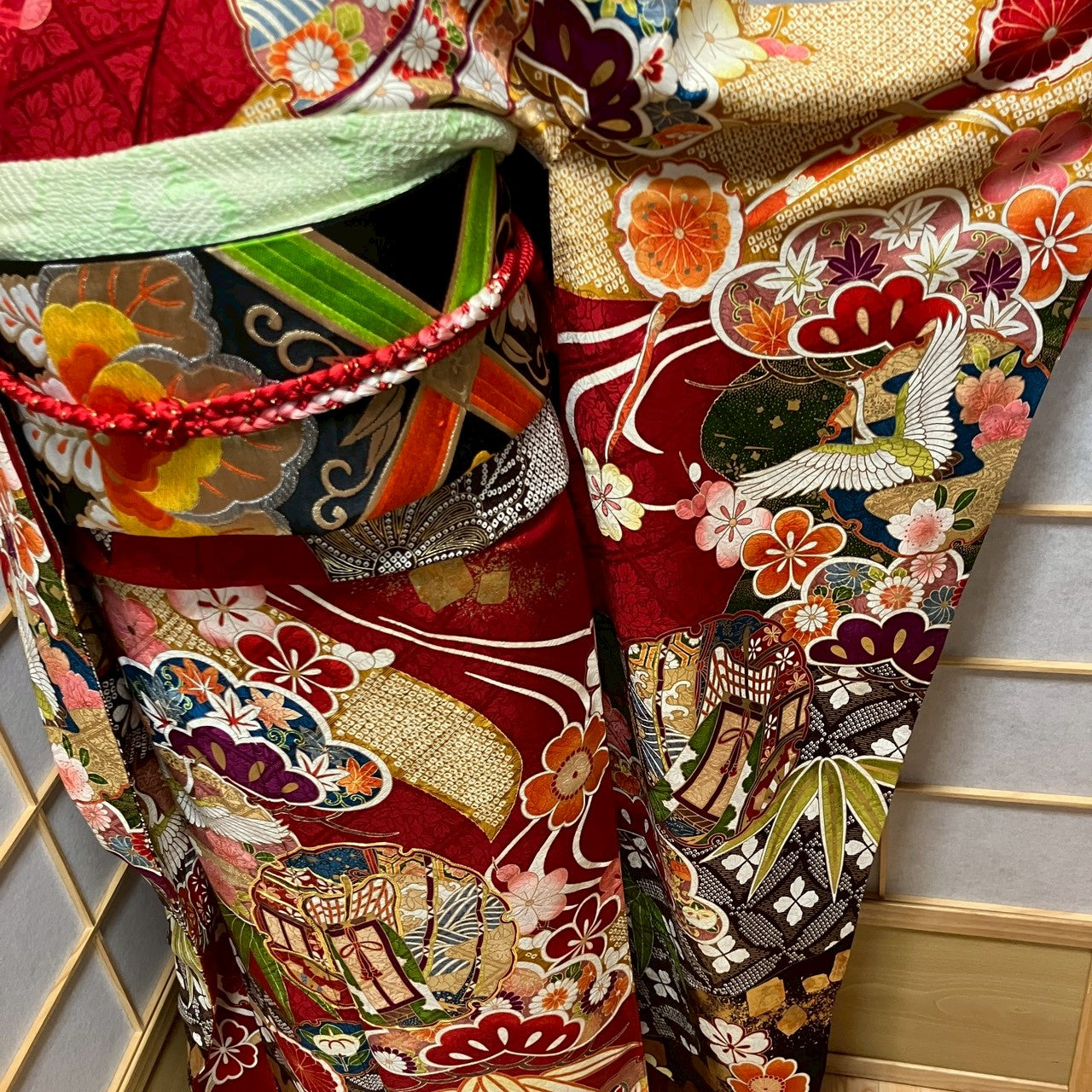 6783# Japanese Vintage Furisode Kimono Obi Obijime Obiage 4-Piece Set Silk Robe