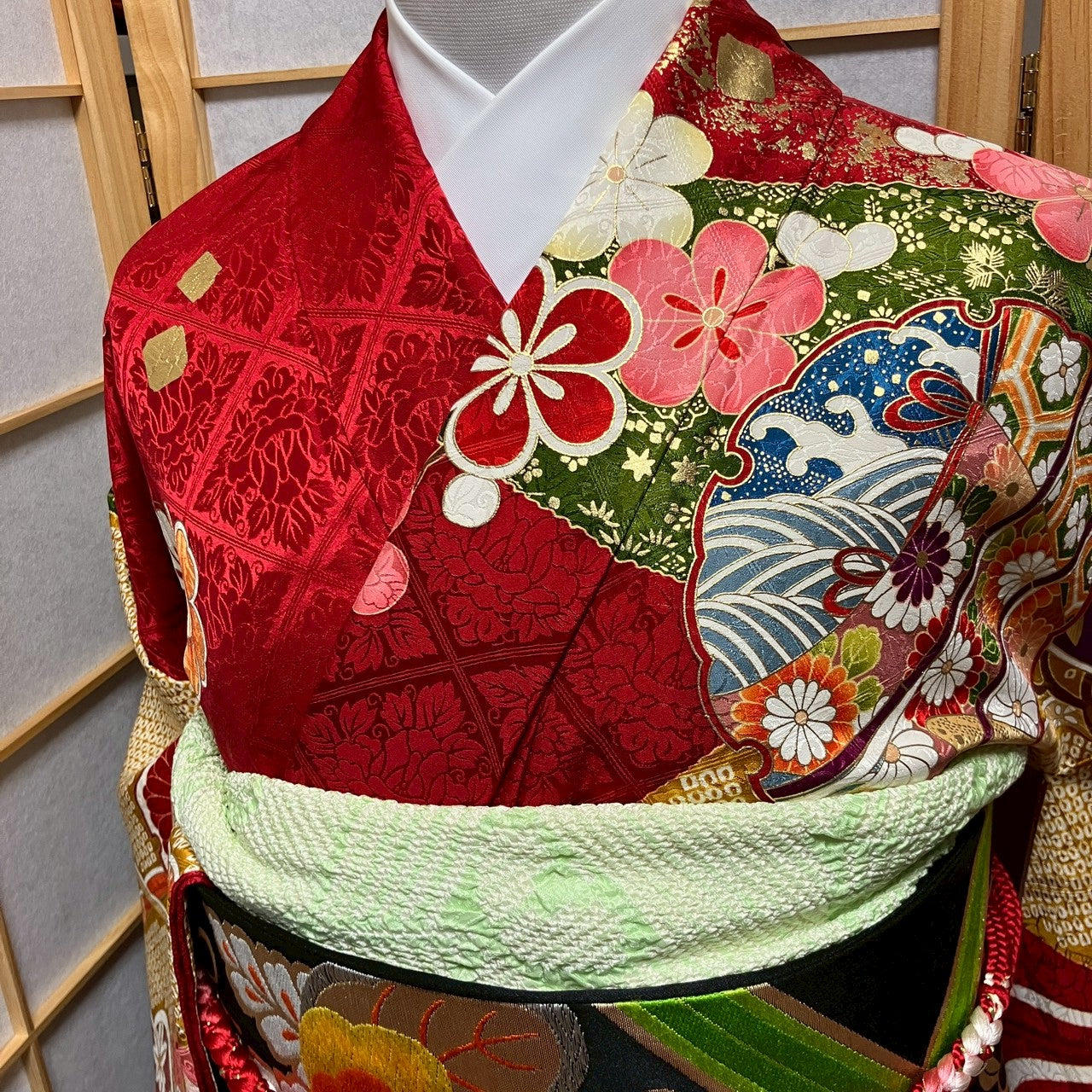 6783# Japanese Vintage Furisode Kimono Obi Obijime Obiage 4-Piece Set Silk Robe
