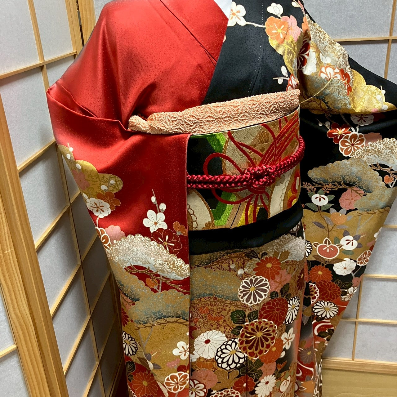 6781# Japanese Vintage Furisode Kimono Obi Obijime Obiage 4-Piece Set Silk Robe