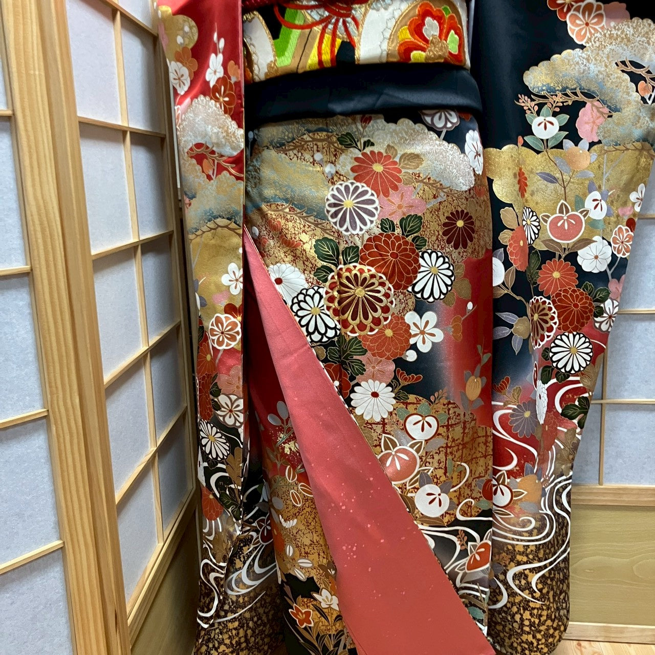 6781# Japanese Vintage Furisode Kimono Obi Obijime Obiage 4-Piece Set Silk Robe