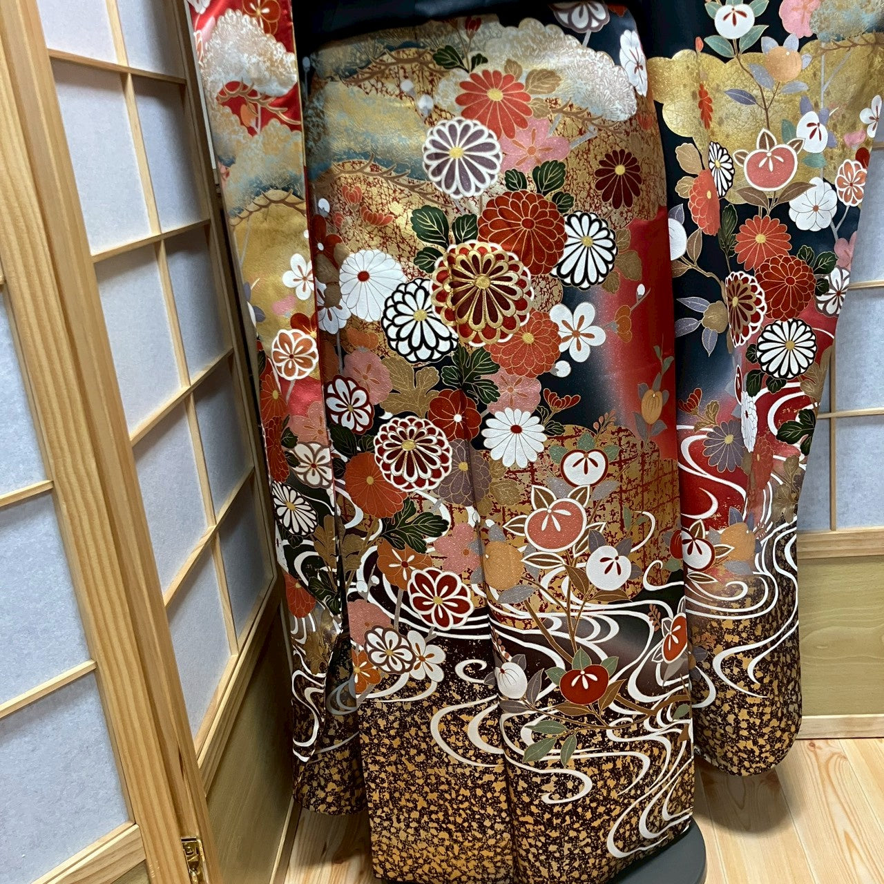 6781# Japanese Vintage Furisode Kimono Obi Obijime Obiage 4-Piece Set Silk Robe