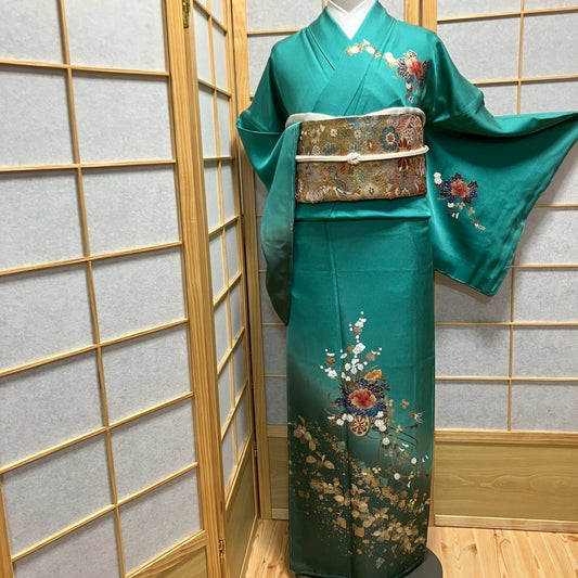 6786# Japanese Kimono Vintage Womens Silk Fabric Robe Kimono only sold Unused