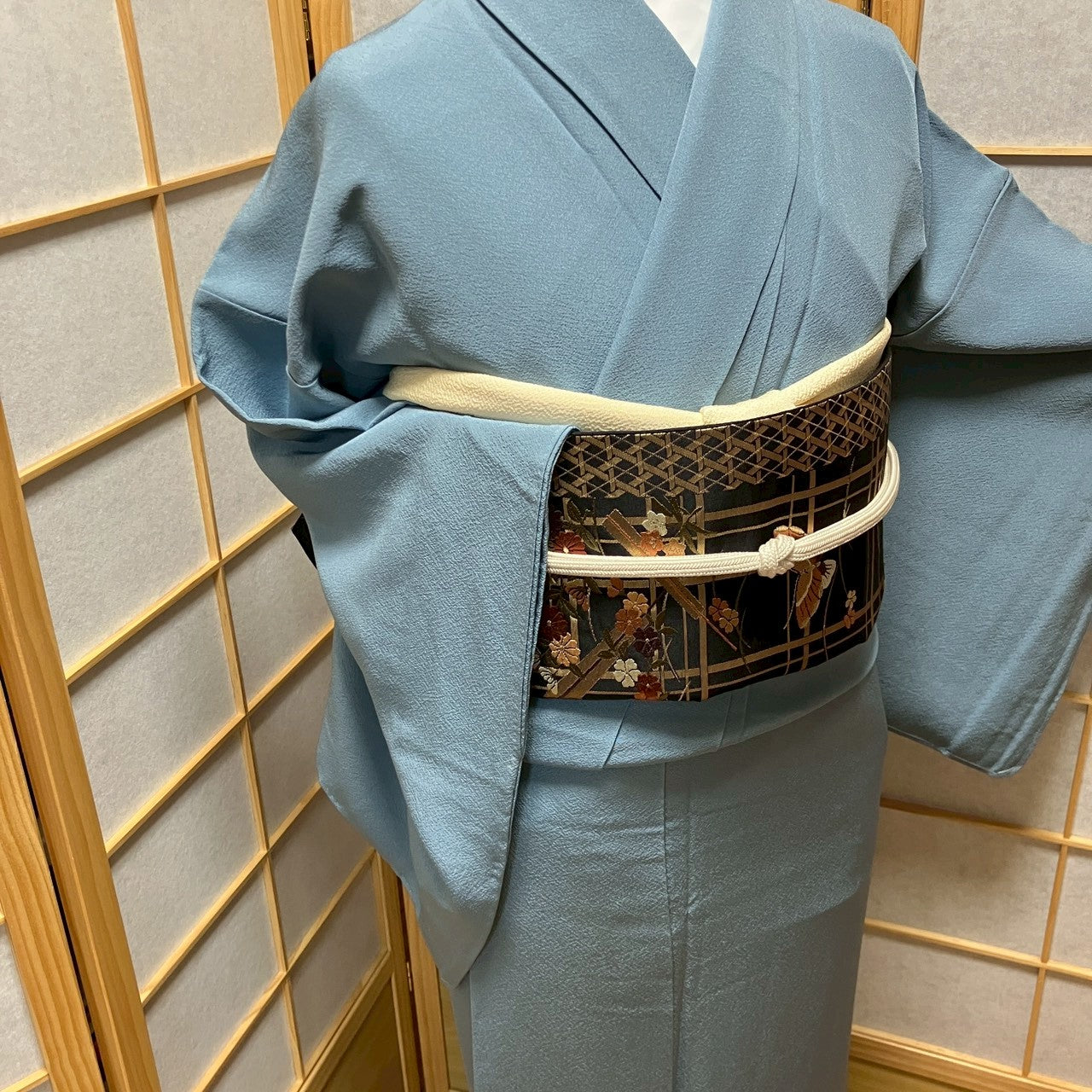 6792# Japanese Kimono Vintage Womens Silk Fabric Robe Kimono only sold Blue