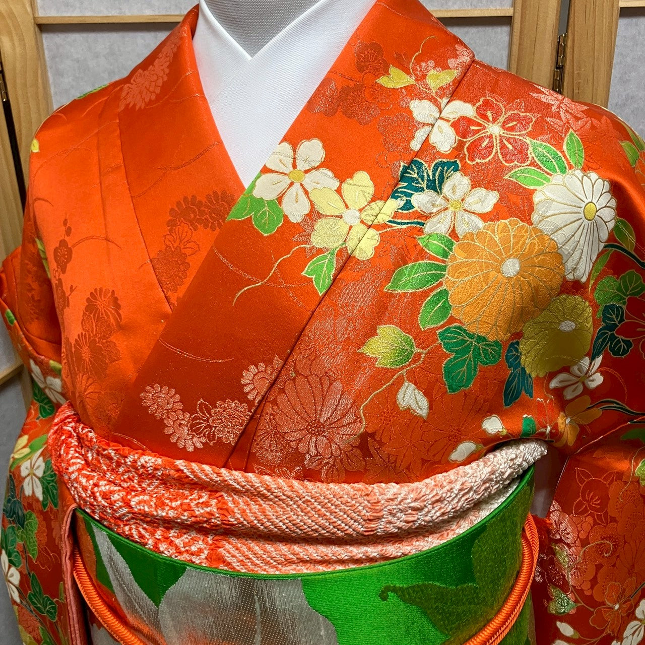 7122# Japanese Vintage Furisode Kimono Obi Obijime Obiage 4-Piece Set Silk Robe