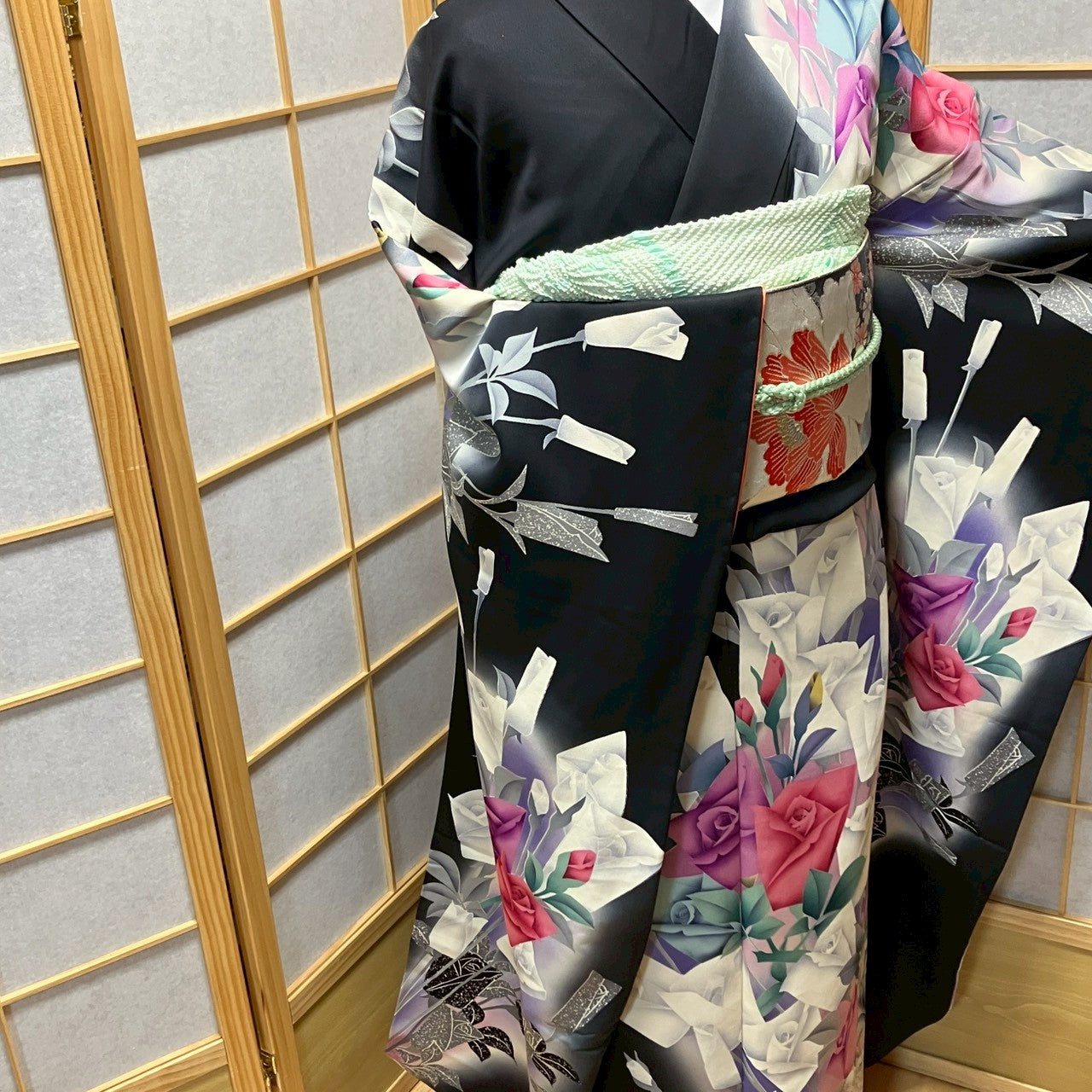 7123# Japanese Vintage Furisode Kimono Obi Obijime Obiage 4-Piece Set Silk Robe