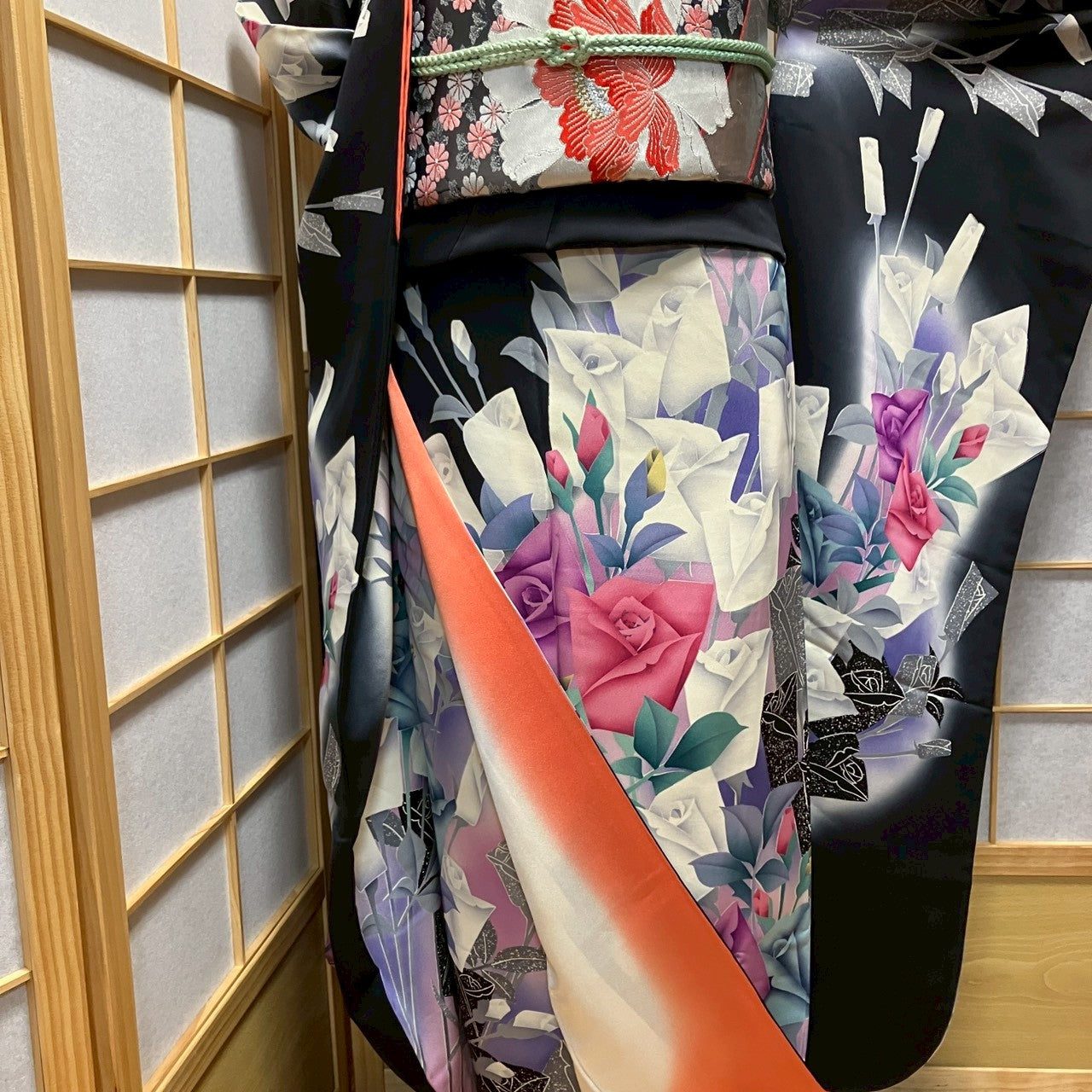 7123# Japanese Vintage Furisode Kimono Obi Obijime Obiage 4-Piece Set Silk Robe