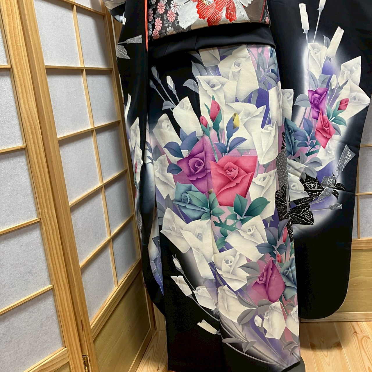 7123# Japanese Vintage Furisode Kimono Obi Obijime Obiage 4-Piece Set Silk Robe