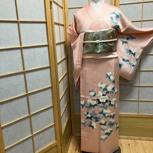 7120# Japanese Kimono Vintage Womens Silk Fabric Robe Kimono only sold Pink