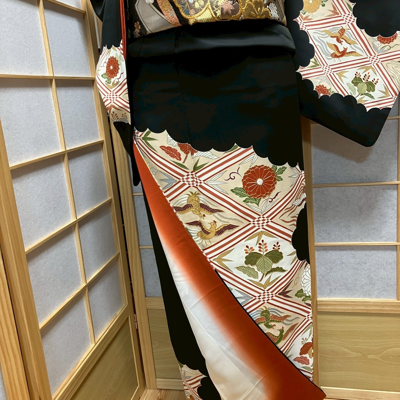 7139# Japanese Kimono Vintage Womens Silk Fabric Robe Kimono only sold Black