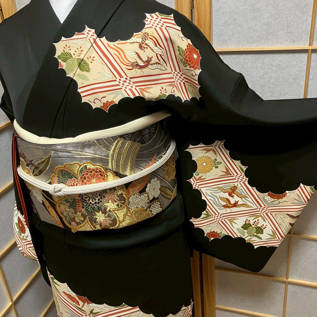 7139# Japanese Kimono Vintage Womens Silk Fabric Robe Kimono only sold Black