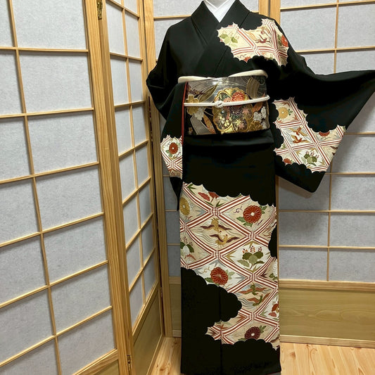 7139# Japanese Kimono Vintage Womens Silk Fabric Robe Kimono only sold Black