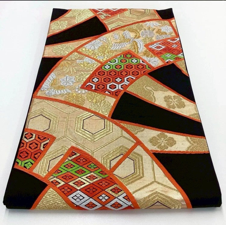 7142# Japanese Vintage Furisode Kimono Obi Obijime Obiage 4-Piece Set Silk Robe