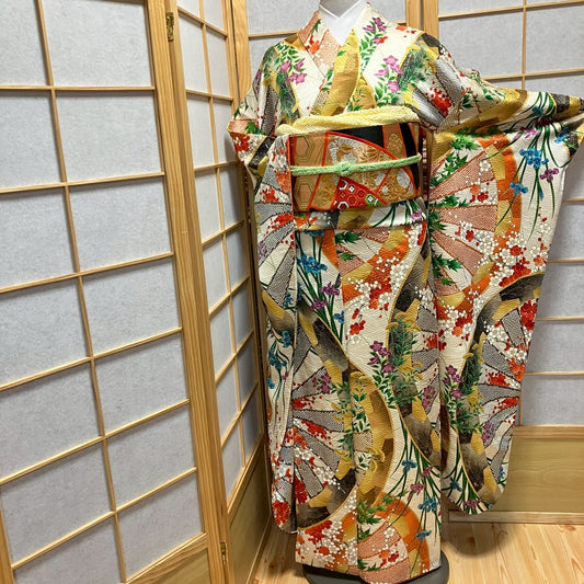 7142# Japanese Vintage Furisode Kimono Obi Obijime Obiage 4-Piece Set Silk Robe