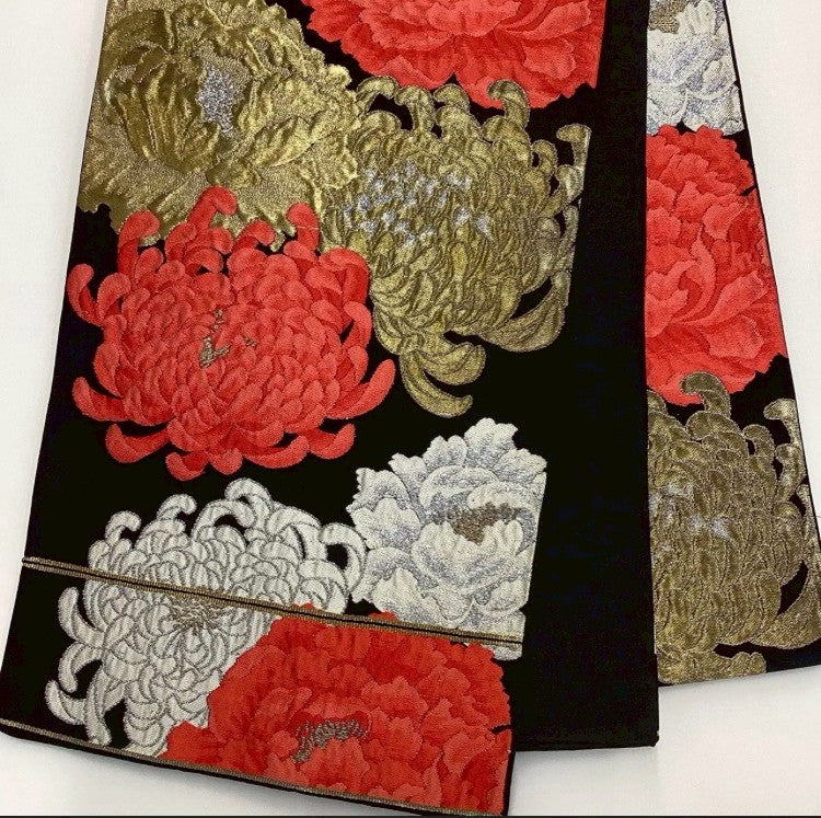 7143# Japanese Vintage Furisode Kimono Obi Obijime Obiage 4-Piece Set Silk Robe