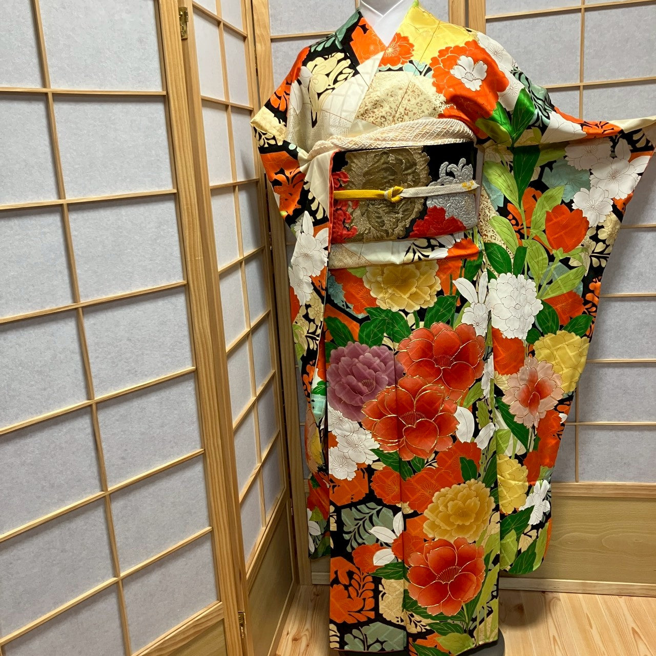 7143# Japanese Vintage Furisode Kimono Obi Obijime Obiage 4-Piece Set Silk Robe
