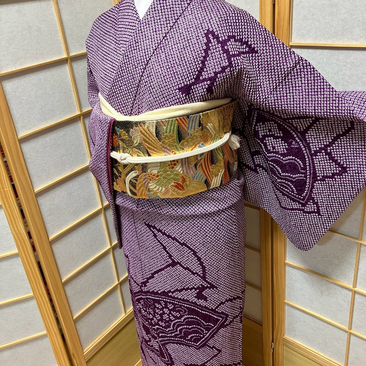 7161# Japanese Kimono Vintage Womens Silk Fabric Robe Kimono only sold Shibori