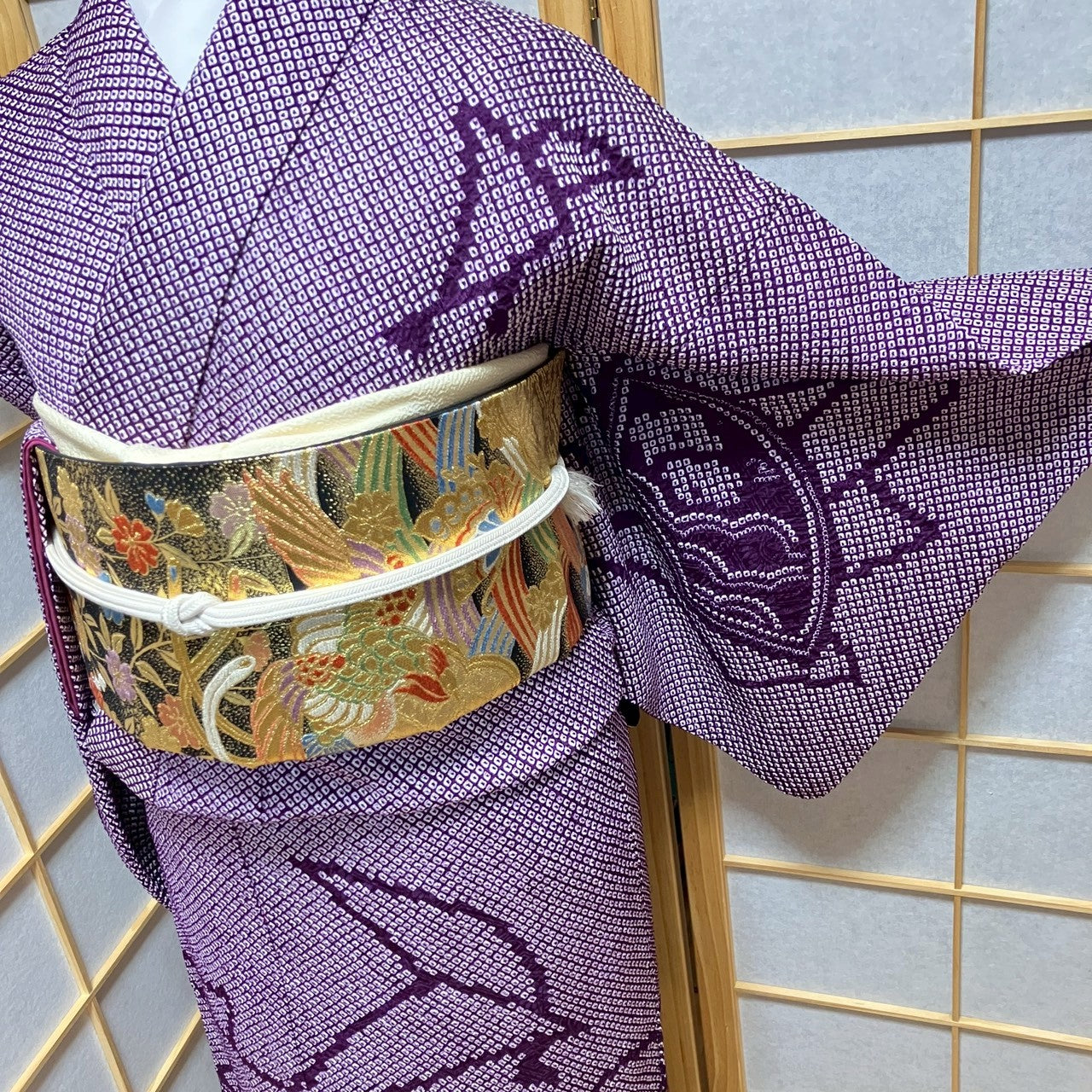 7161# Japanese Kimono Vintage Womens Silk Fabric Robe Kimono only sold Shibori