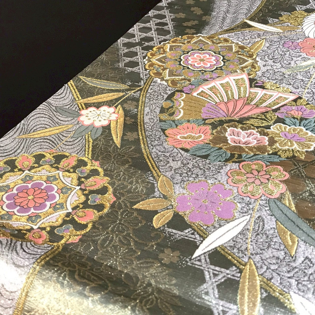 6797# Japanese Vintage Fukuro Obi Belt Kimono Fabric Silk Traditional Silver