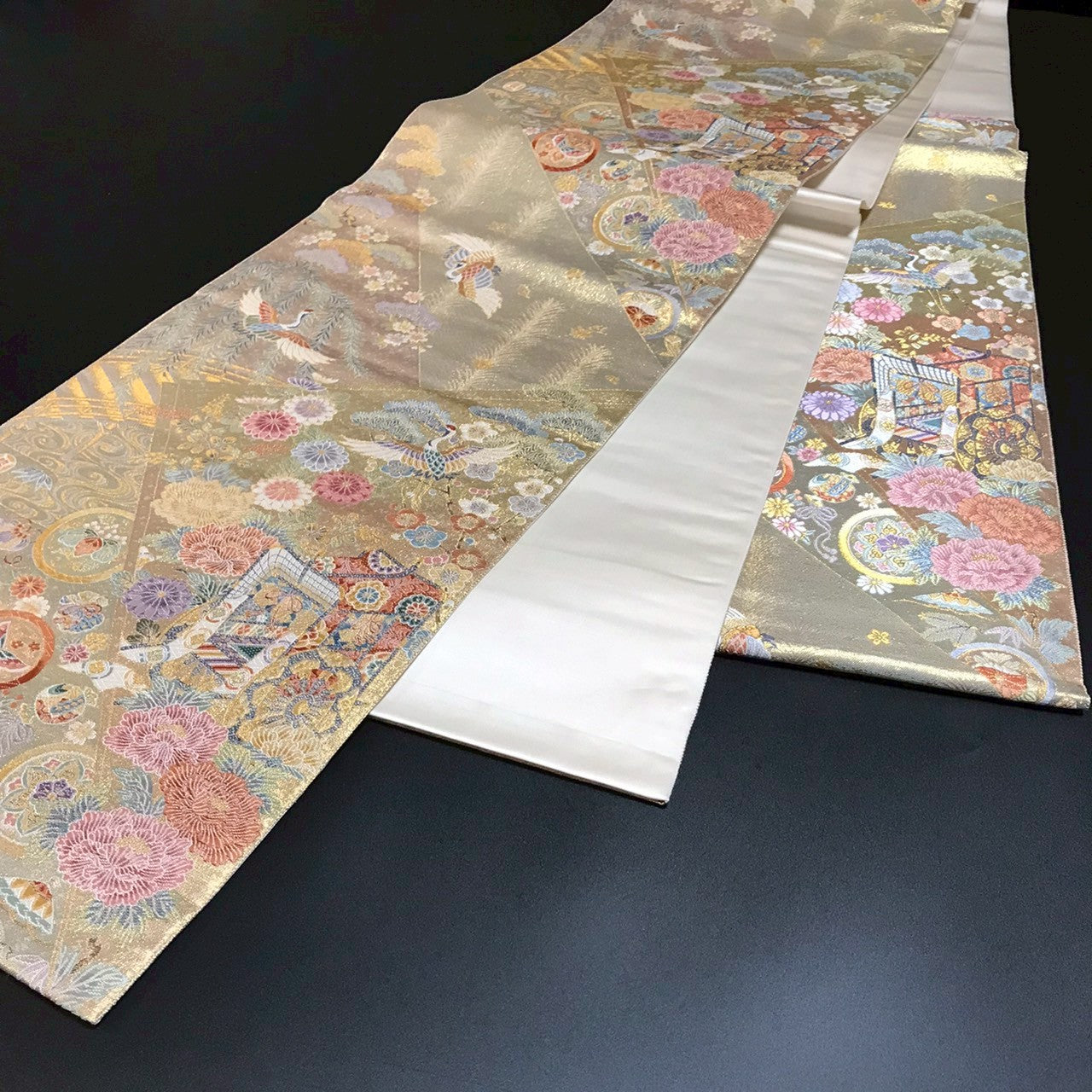 6799# Japanese Vintage Fukuro Obi Belt Kimono Fabric Silk Traditional Gold