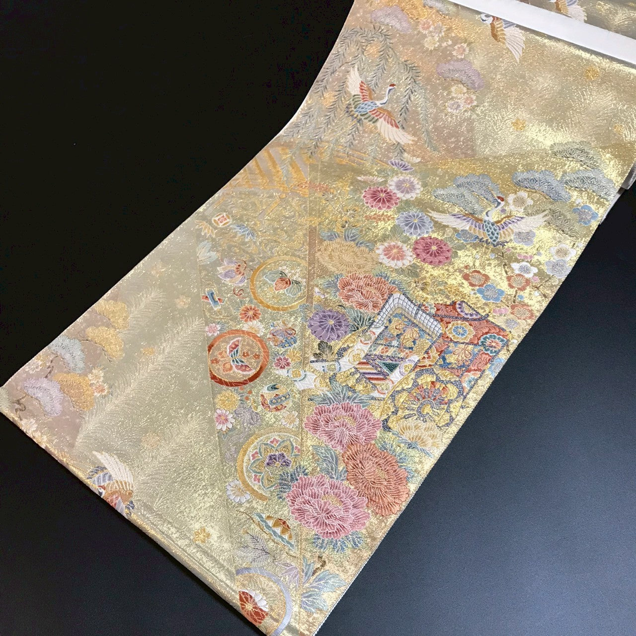 6799# Japanese Vintage Fukuro Obi Belt Kimono Fabric Silk Traditional Gold