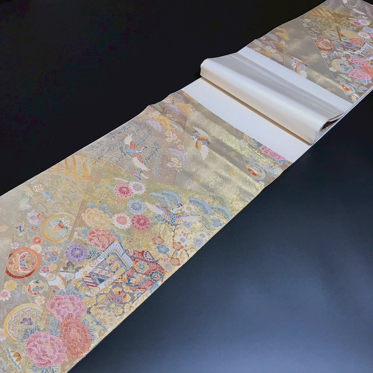 6799# Japanese Vintage Fukuro Obi Belt Kimono Fabric Silk Traditional Gold