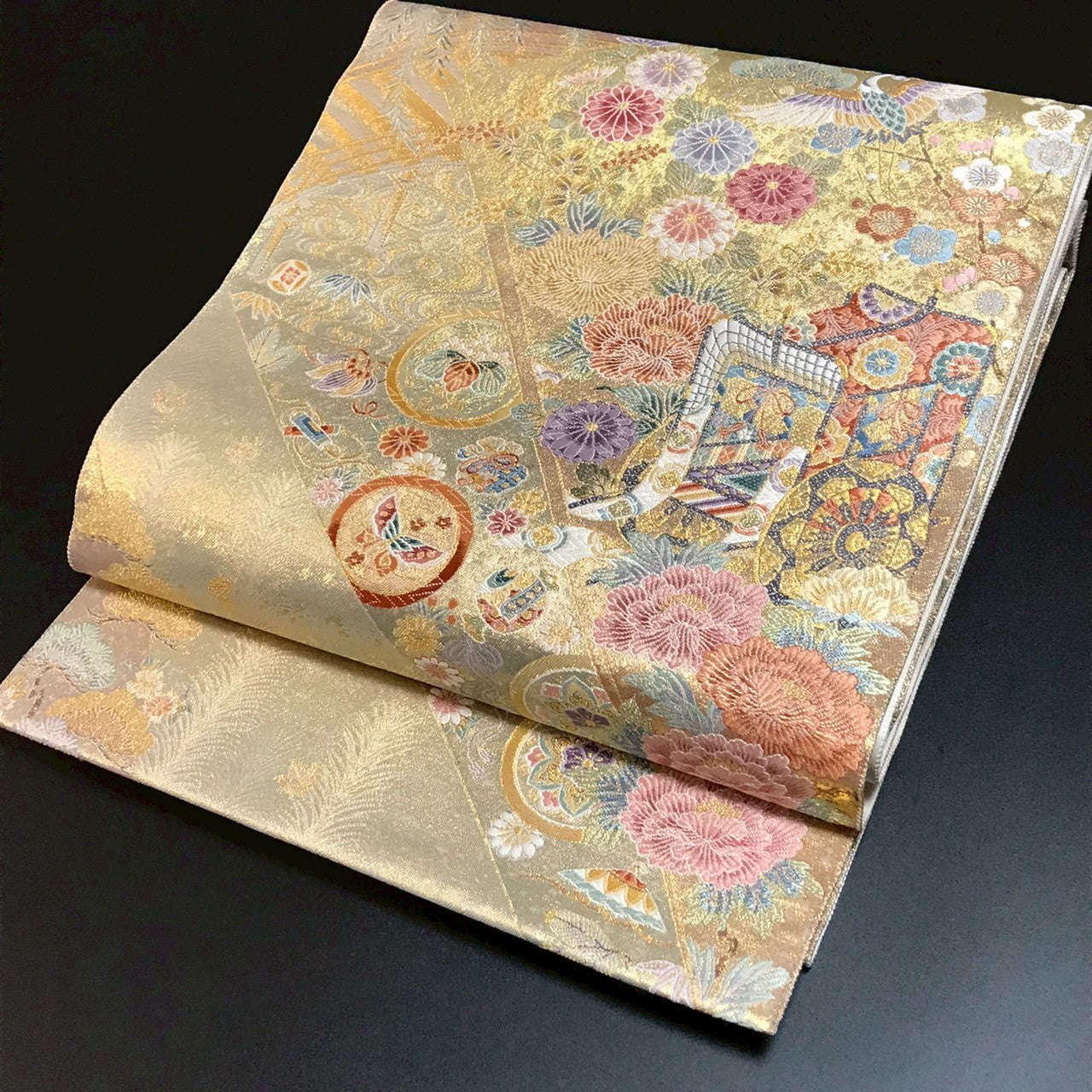 6799# Japanese Vintage Fukuro Obi Belt Kimono Fabric Silk Traditional Gold