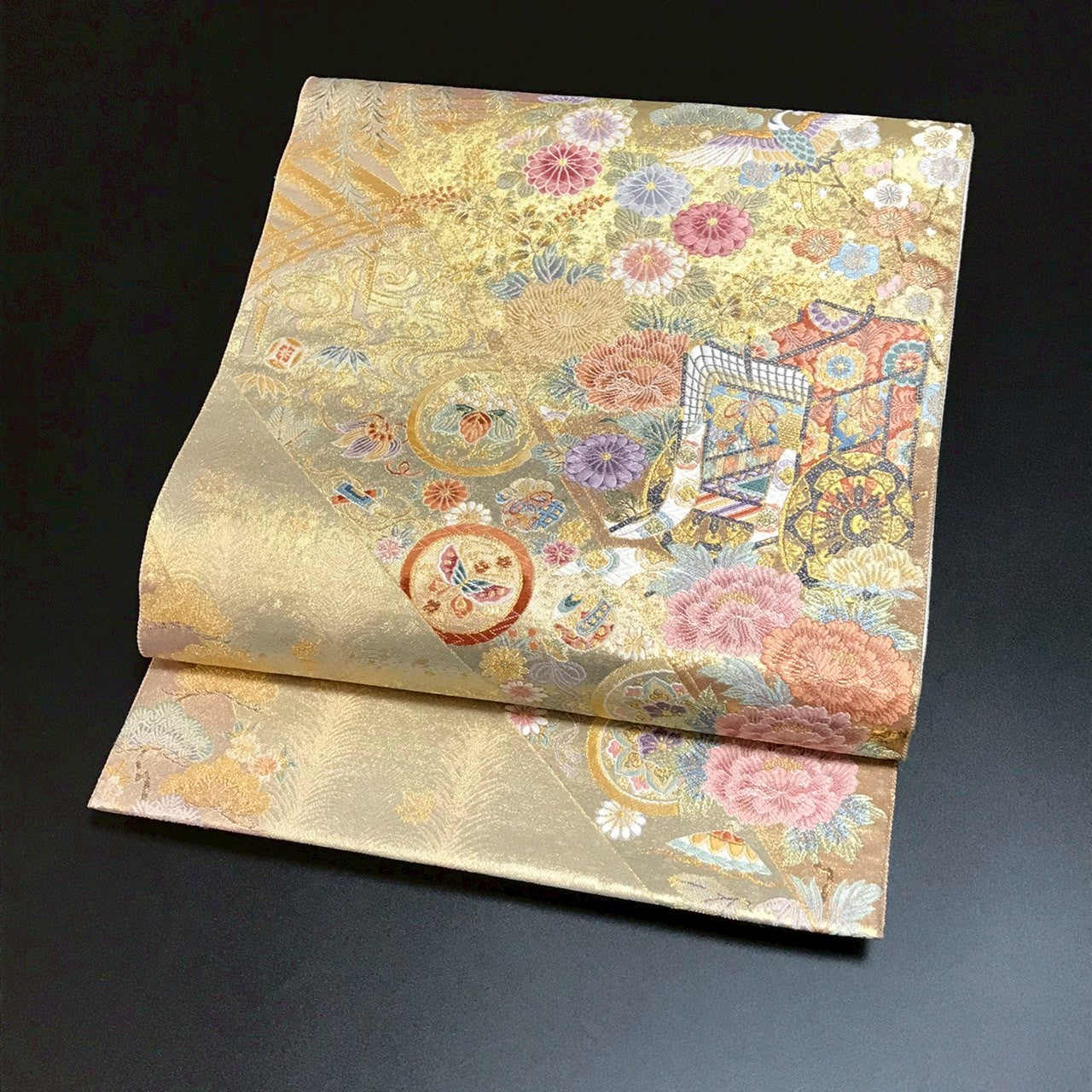 6799# Japanese Vintage Fukuro Obi Belt Kimono Fabric Silk Traditional Gold