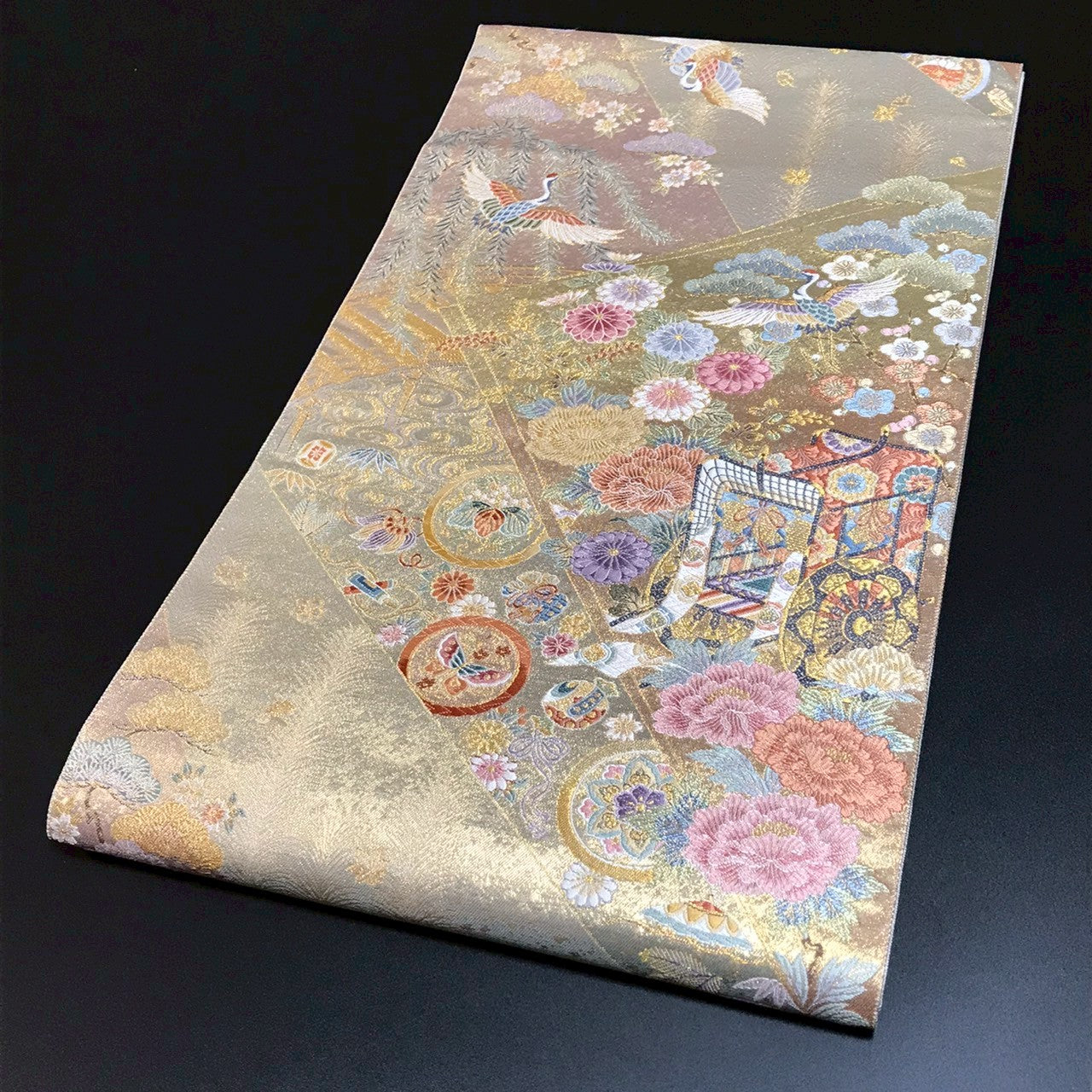 6799# Japanese Vintage Fukuro Obi Belt Kimono Fabric Silk Traditional Gold