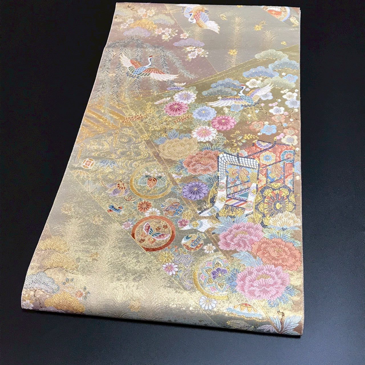 6799# Japanese Vintage Fukuro Obi Belt Kimono Fabric Silk Traditional Gold